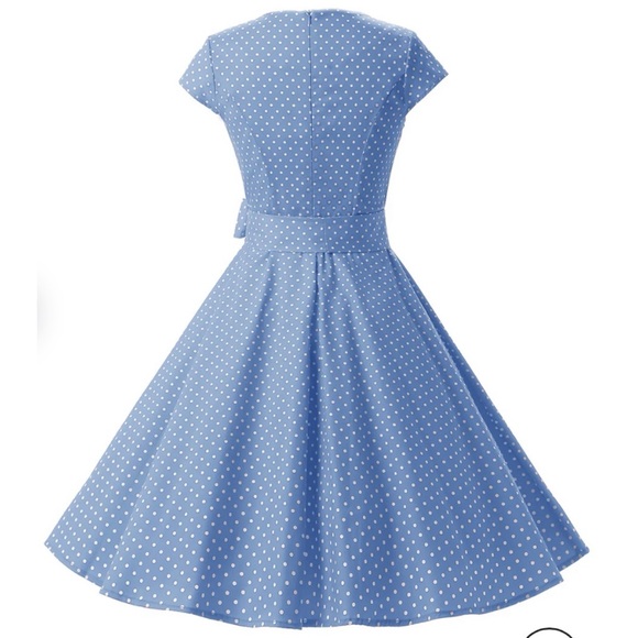 (NWOT) DRESSYSTAR • Sky Blue/White Polka Dot Vintage-Inspired Cap Sleeve Dress - Picture 4 of 16